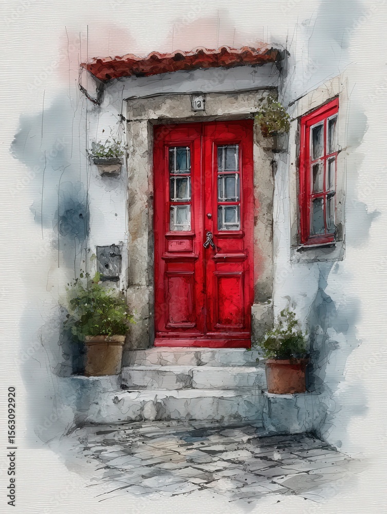 A striking red door adorned with decorative features stands prominently in a historic village. Potted plants and cobblestone steps enhance the inviting atmosphere, creating a picturesque scene.