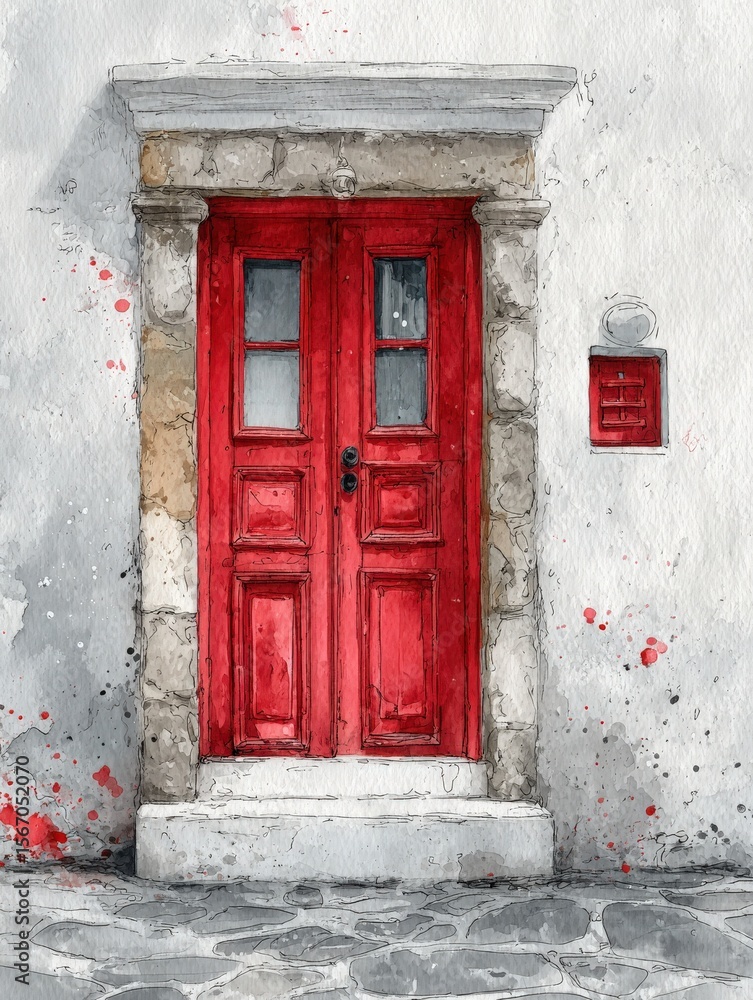 A striking red door framed by a weathered stone wall adds character to the structure. Surrounding splashes of color enhance the artistic charm, inviting curiosity and admiration.