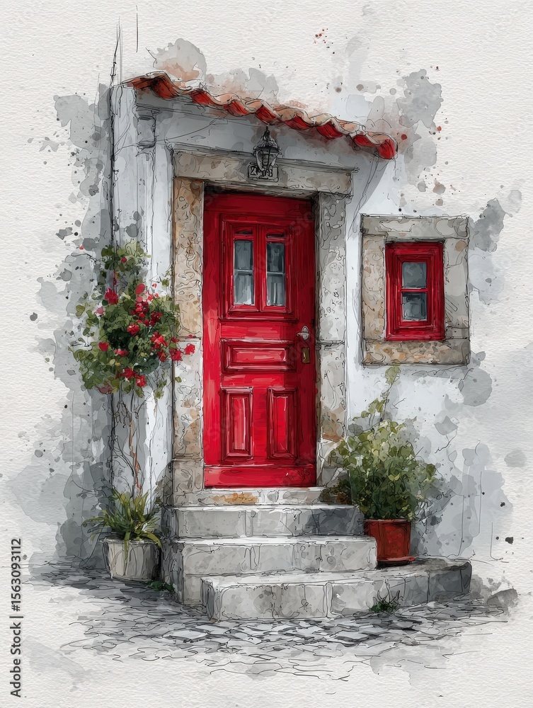 A striking red door stands out against the natural stone structure of a quaint cottage.