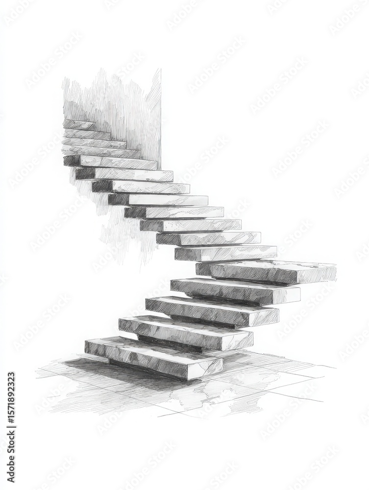 A striking spiral staircase with wide stone steps creates a focal point in a minimalist interior. The design features clean lines and a focus on simplicity, emphasizing elegance.