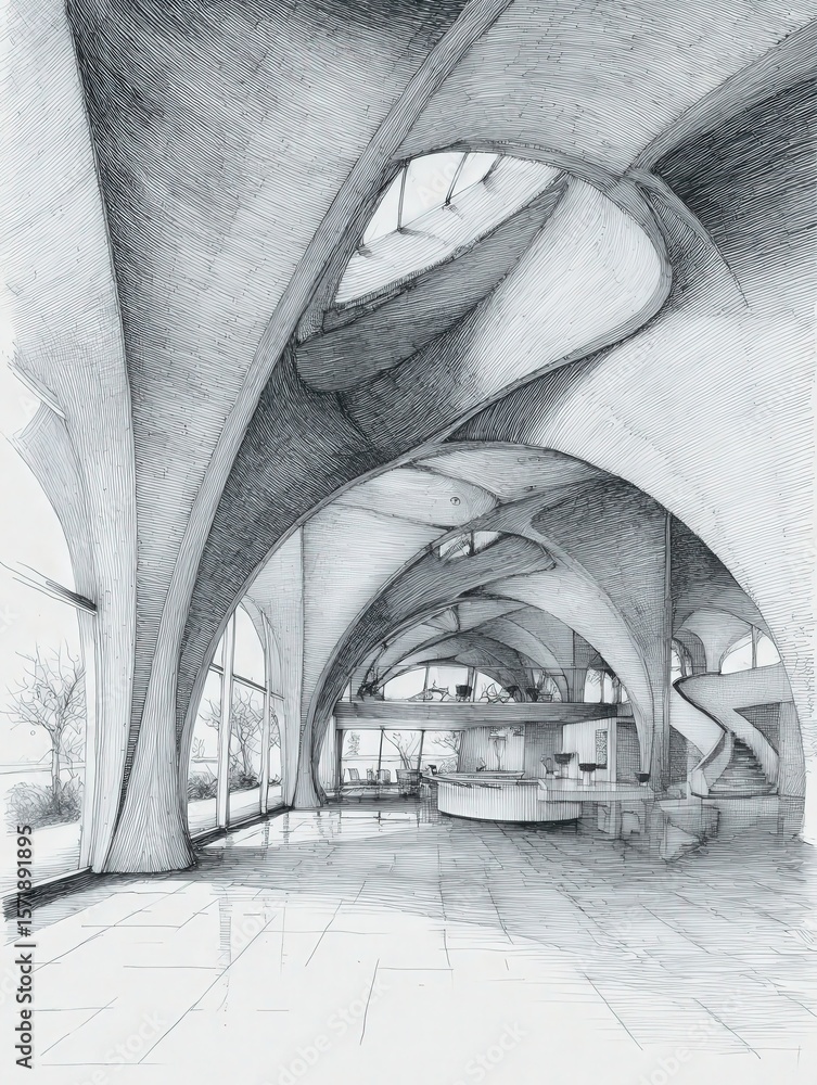 A stunning architectural space showcases smooth curves and dynamic shapes. Natural light streams in through large windows, illuminating the minimalist furniture and open layout.