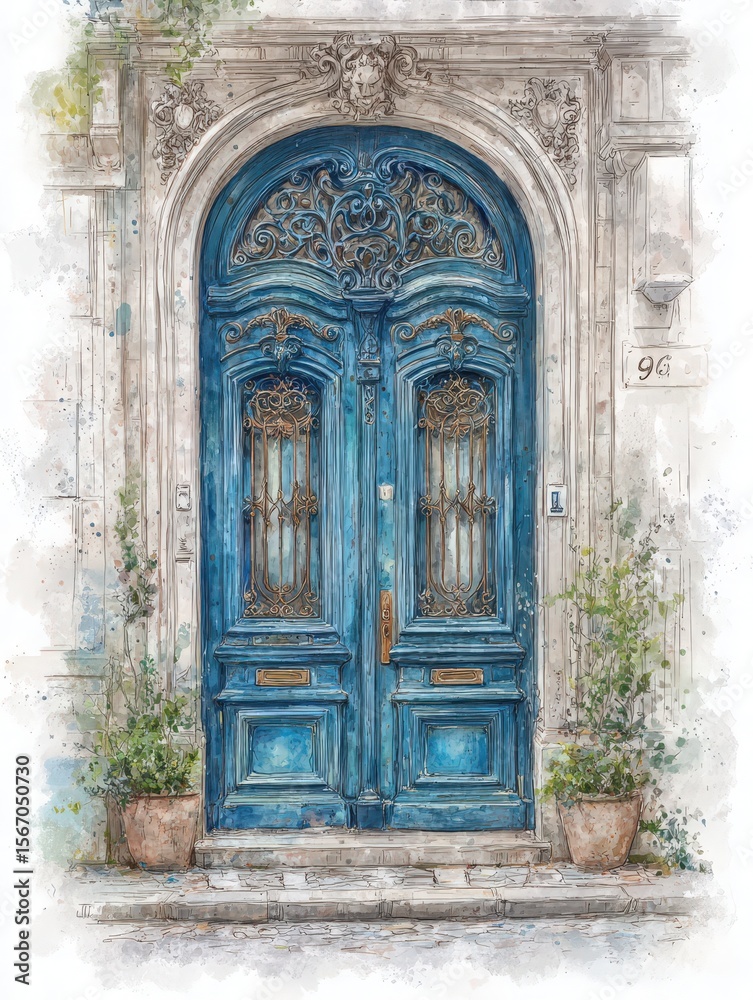 A stunning blue wooden door adorned with ornate details invites attention. Flanking the entrance are elegant potted plants, enhancing the warm atmosphere of this welcoming space.