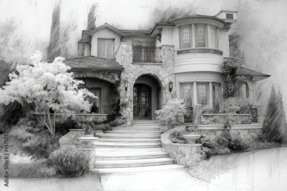 A stunning house features a unique stone facade, large windows, and an inviting front porch surrounded by well-kept gardens. The setting exudes a peaceful suburban atmosphere.