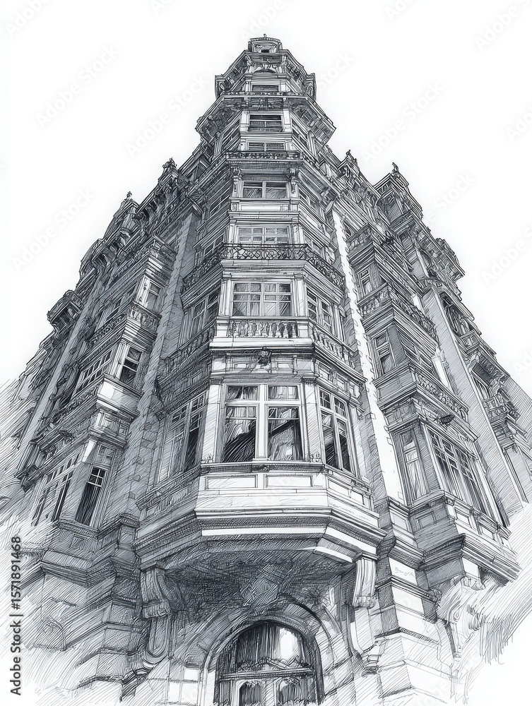 A stunning illustration showcases a tall, intricately designed building. The sketch highlights decorative elements, windows, and a unique corner view.
