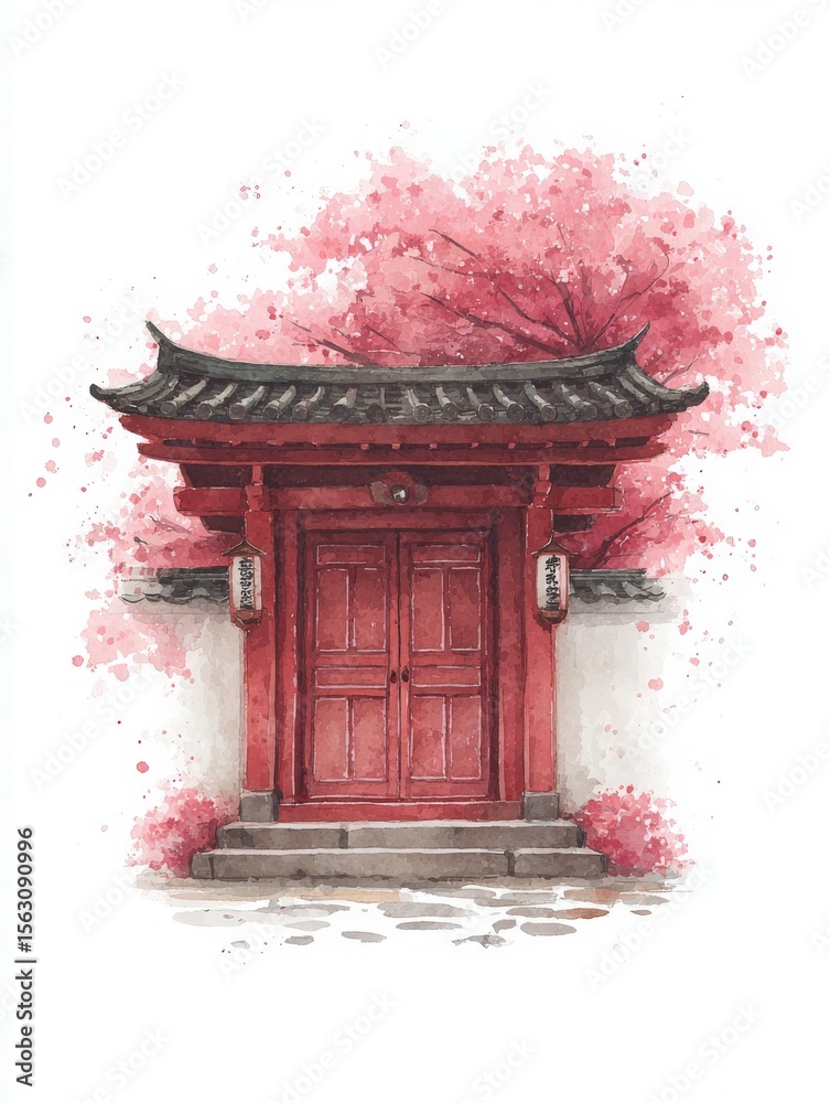 A stunning red gate stands tall against a backdrop of soft pink cherry blossoms. The serene atmosphere captures the beauty of traditional architecture harmoniously blended with nature.