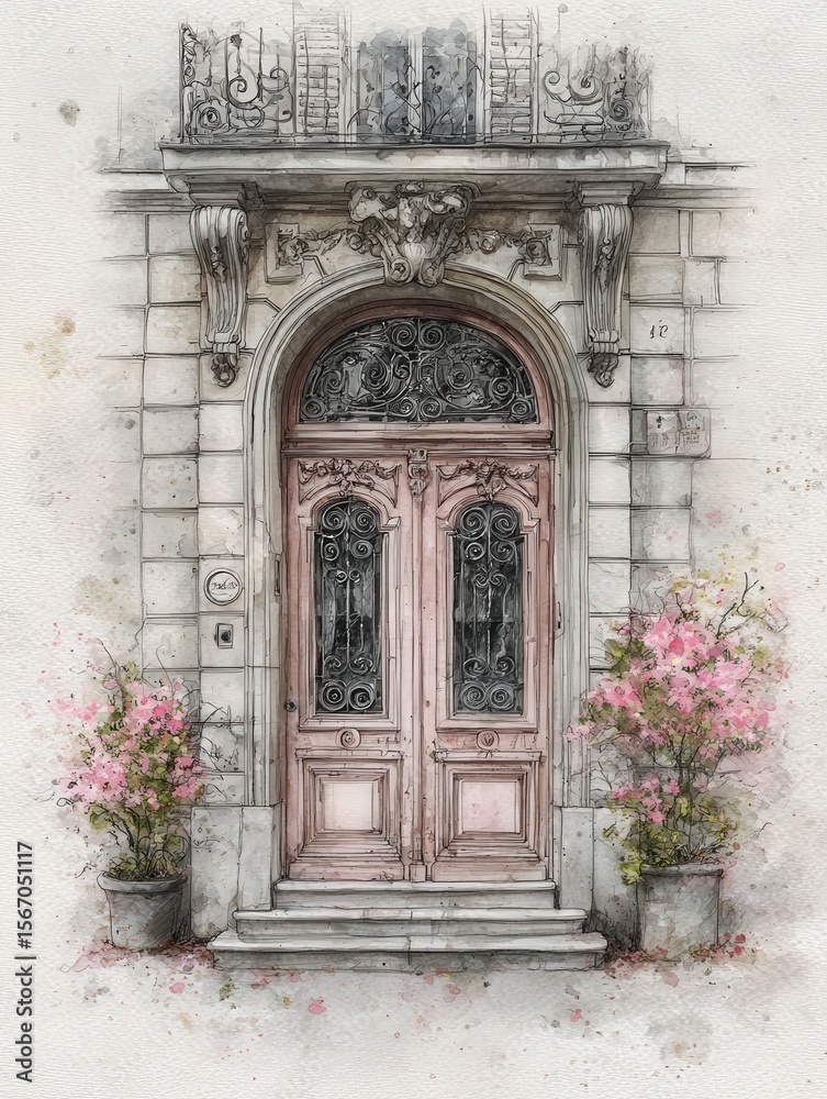 A stunning vintage door featuring elegant ironwork and soft pastel colors stands prominently in an urban environment. Potted flowers on either side add a touch of natural beauty to the scene.