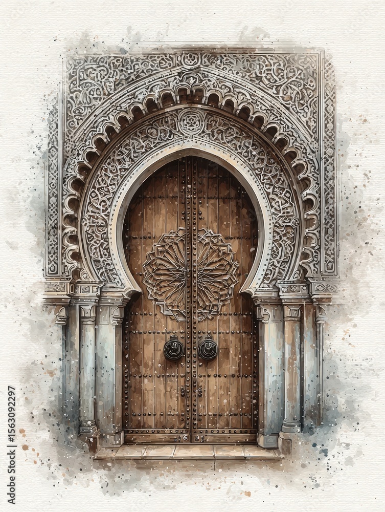 A stunning wooden door features elaborate carvings and decorative elements typical of Moroccan architecture. The door is set within a stone arch, showcasing rich details and craftsmanship.