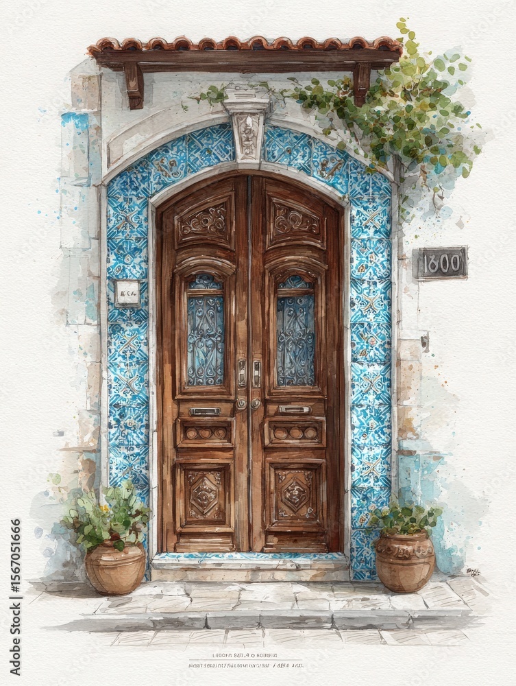A stunning wooden door features intricate carvings and vintage glass panels. Blue tiles surround the entrance, creating an inviting atmosphere enhanced by nearby plants in terracotta pots.