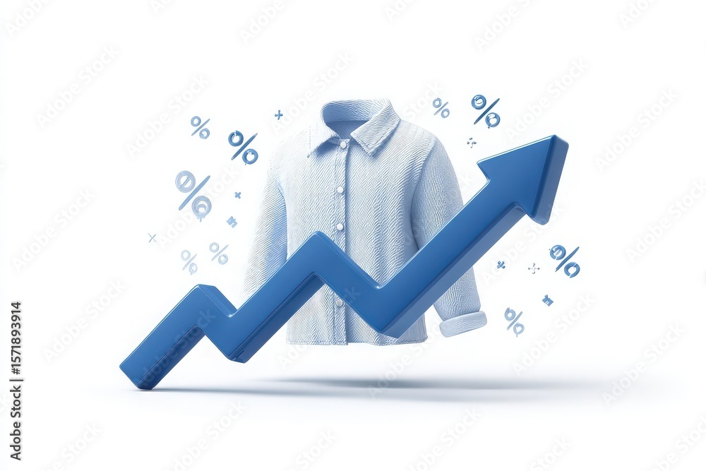 A stylized shirt is showcased against a backdrop illustrating market growth with upward arrows and percentage symbols. This scene represents positive trends in the clothing industry.