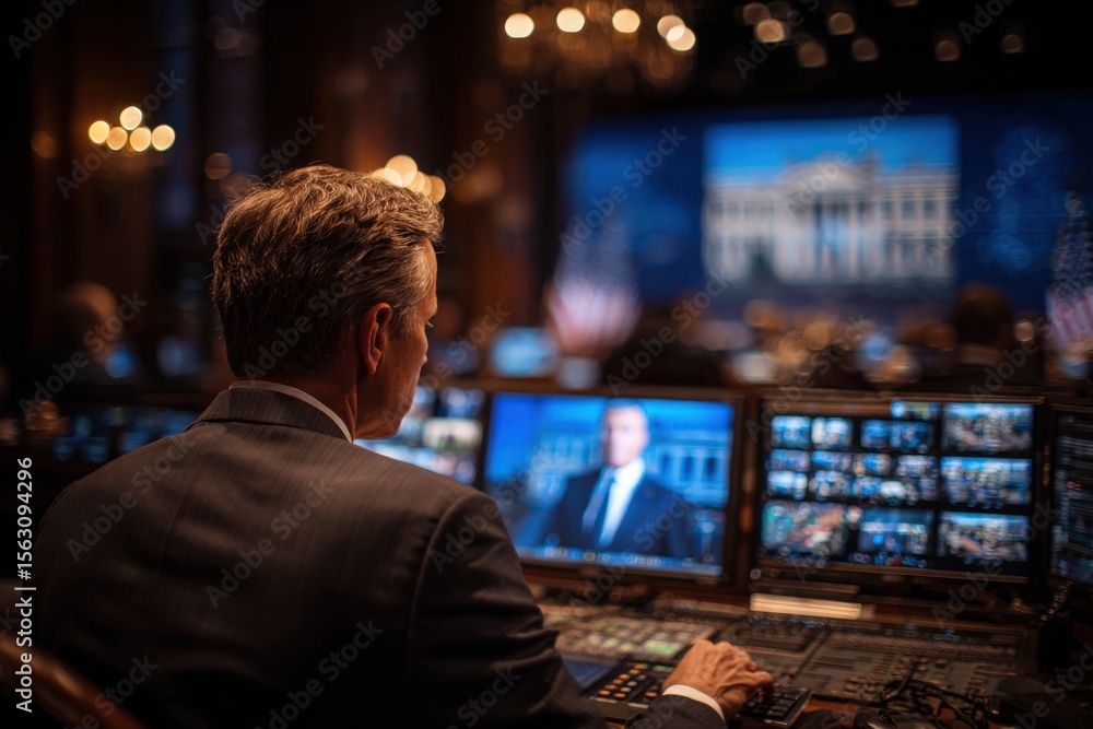 A suited professional operates numerous screens displaying various feeds in a well-decorated, dimly lit room.