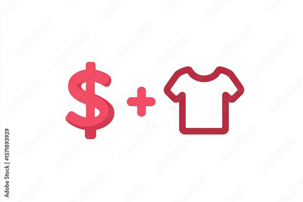 A symbol depicting a dollar sign and a t-shirt illustrates the relationship between money and fashion. This visual suggests a focus on retail spending and clothing purchases.