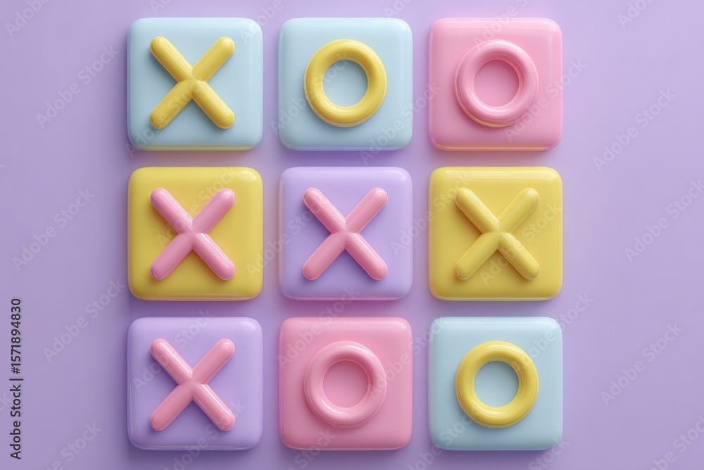 A tic-tac-toe board displayed with pastel-colored squares featuring playful X and O game pieces. The arrangement showcases an active game, with a light purple background enhancing the vibrant colors.