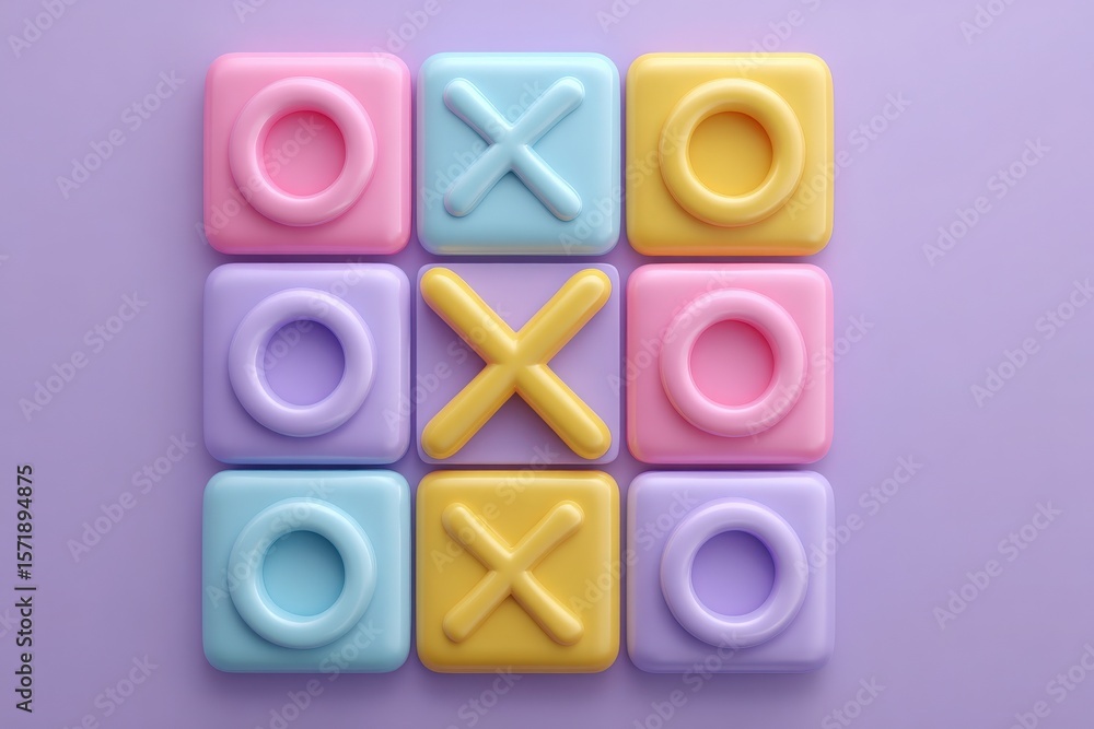 A tic-tac-toe game board displays vibrant pastel-colored squares. Players can engage in a friendly match, enhancing creativity and social interaction during leisure time indoors.