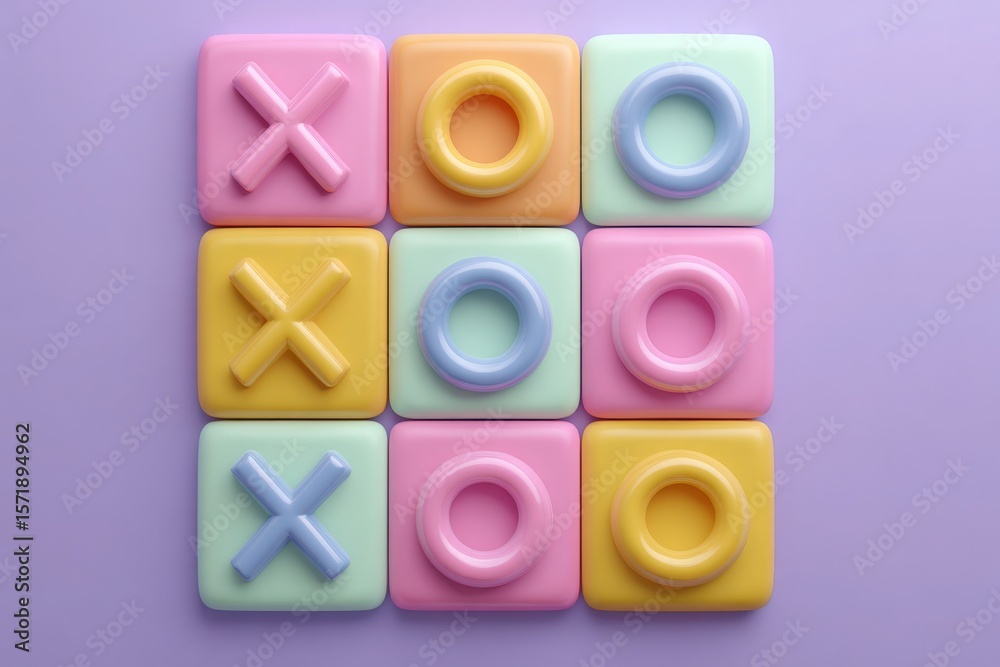 A tic-tac-toe game is displayed with colorful pastel shapes on a soft purple background. The playful squares show a mix of xs and os in various pastel colors, inviting fun.