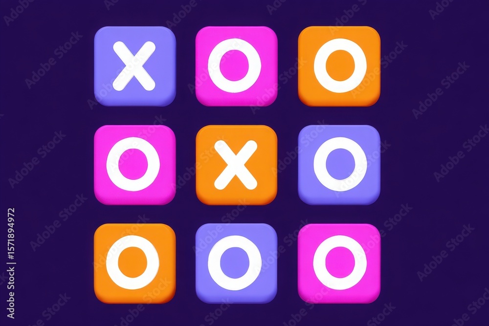 A tic-tac-toe grid features a 3×3 arrangement of colorful squares in various shades. The game pieces are placed in vibrant colors, showcasing an engaging and fun aesthetic.