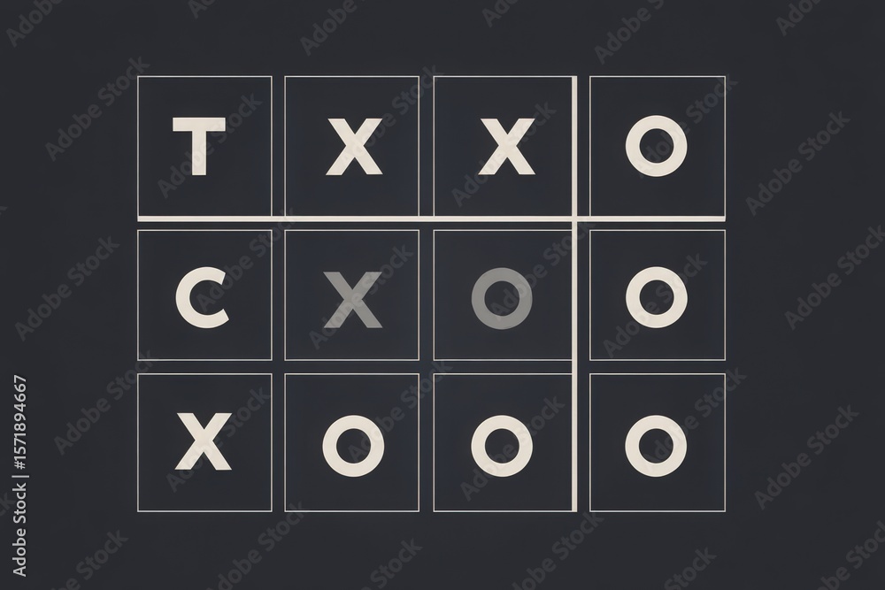 A tic tac toe game board features a 3×3 grid with various Xs and Os placed within the squares. The dark background highlights the simple yet engaging design of the classic game.