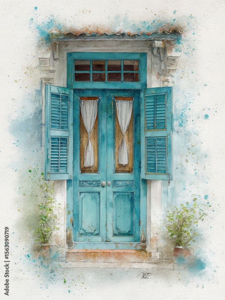 A turquoise door with wooden accents stands open, flanked by shutters. Light curtains sway gently, while lush plants in pots add life. A serene and inviting atmosphere captivates the viewer.