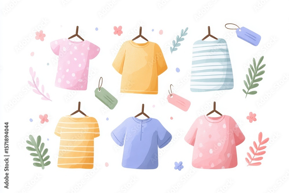 A variety of t-shirts in pastel colors hang from wooden hangers, surrounded by playful floral elements. The collection showcases different styles and patterns, creating a cheerful display.