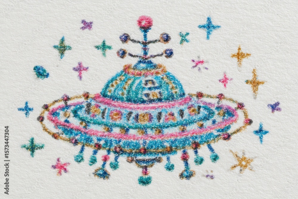 A vibrant and colorful drawing showcases a whimsical spaceship adorned with jewels and surrounded by sparkling stars and planets. The creative design is filled with charm and imagination.