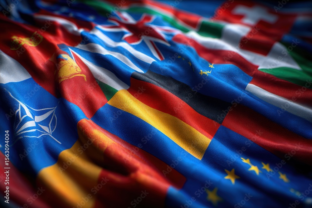 A vibrant arrangement of multiple national flags is displayed, showcasing symbols of unity among different nations.