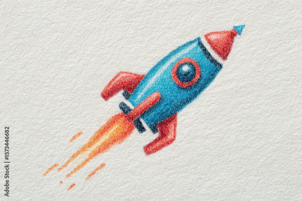 A vibrant blue and red rocket ascends, emitting fiery orange and yellow flames. The artwork features textured white paper, highlighting the playful design and energy of the rocket in motion.