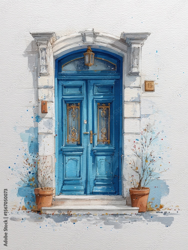 A vibrant blue door adorned with elegant golden accents stands in a picturesque location. Flanking the entrance are two potted plants, enhancing the inviting atmosphere of this charming spot.