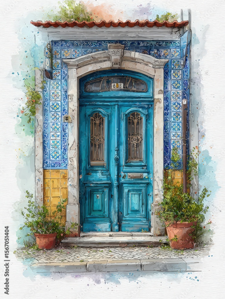 A vibrant blue door adorned with intricate tiles stands proudly in a quaint neighborhood. Potted plants frame the entrance, adding a touch of greenery to the picturesque setting.