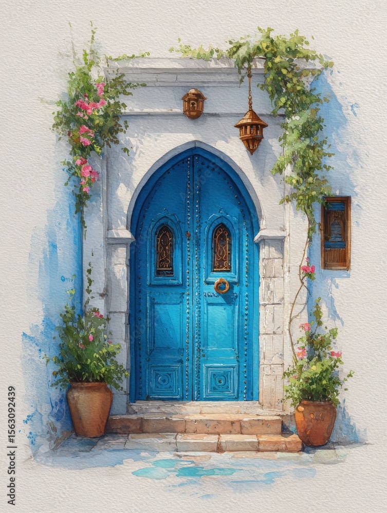 A vibrant blue door framed by lush greenery invites visitors into a peaceful courtyard. Potted plants add color to the stone pathway, creating a welcoming atmosphere.