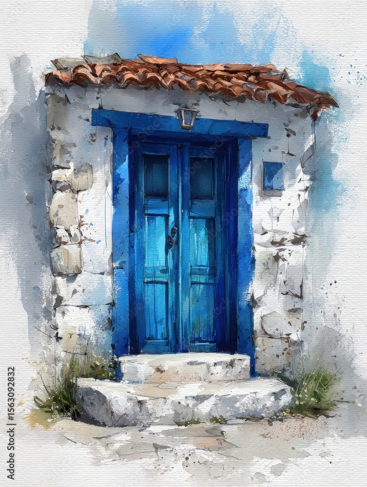 A vibrant blue door is framed by weathered white stone, accented by rustic tiles on the roof. The location is likely a serene countryside setting, evoking a sense of tranquility and charm.