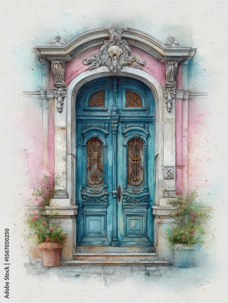 A vibrant blue door with ornate carvings is framed by light pink walls and surrounded by potted plants. The artistic design enhances the inviting atmosphere of this charming location.