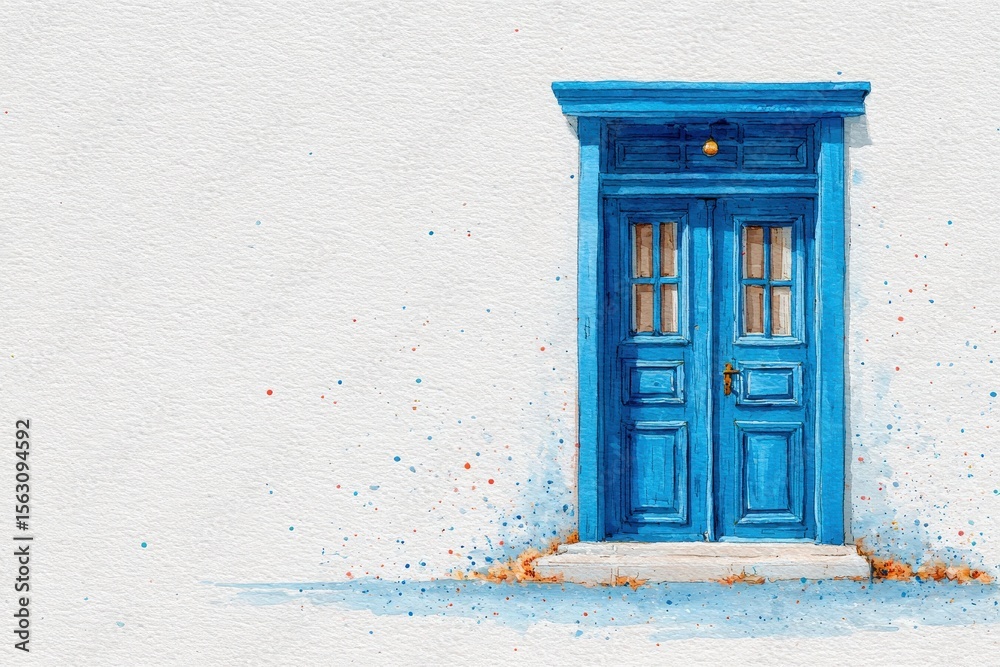A vibrant blue door with two windows stands on a white wall. The door features a golden doorknob and weathered appearance, creating a captivating focal point full of potential stories.