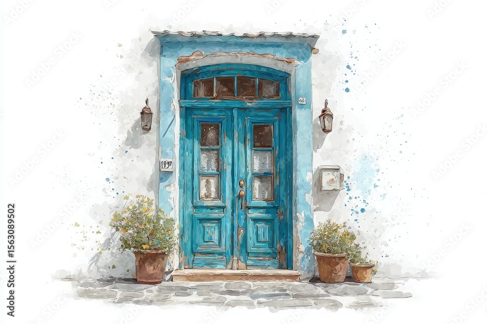 A vibrant blue double door stands at the forefront, flanked by potted flowers. The buildings white wall contrasts vividly with the door, creating a charming appearance.