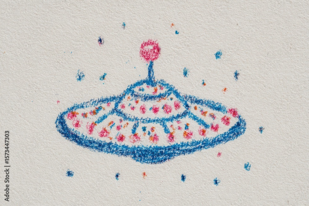 A vibrant illustration depicts a whimsical flying saucer adorned with colorful patterns and a bright top. Small dots surround it, hinting at a playful, imaginative space environment.