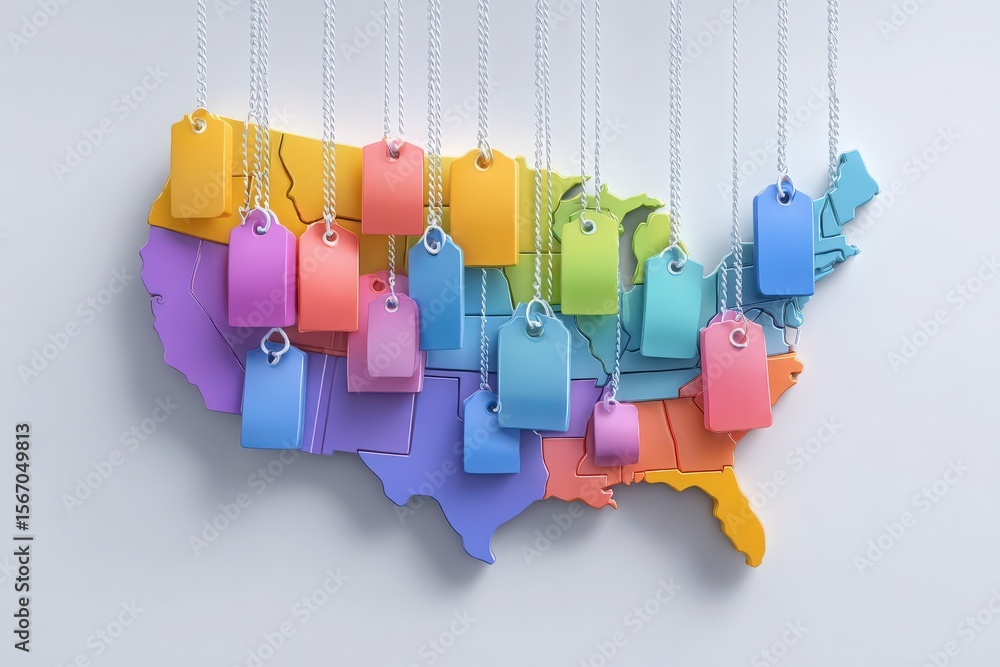 A vibrant map of the United States displays various states in different colors, each adorned with colorful tags representing unique features or characteristics of those regions.