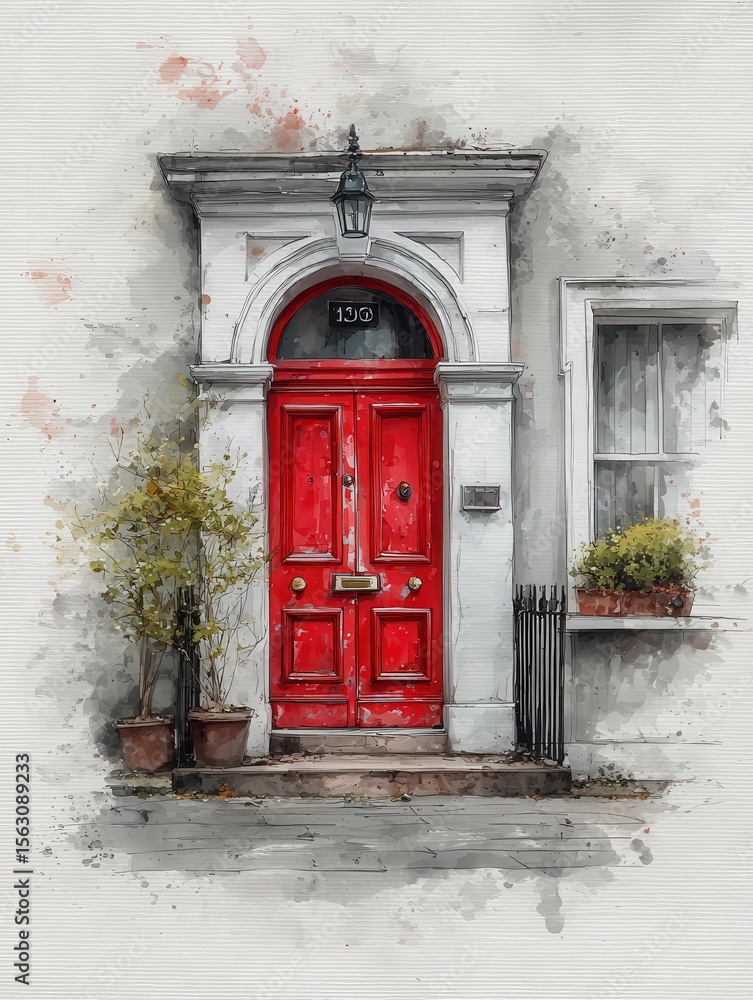 A vibrant red door stands out against a neutral wall, flanked by potted plants on either side. The quaint structure captures the essence of a welcoming home on a pleasant day.