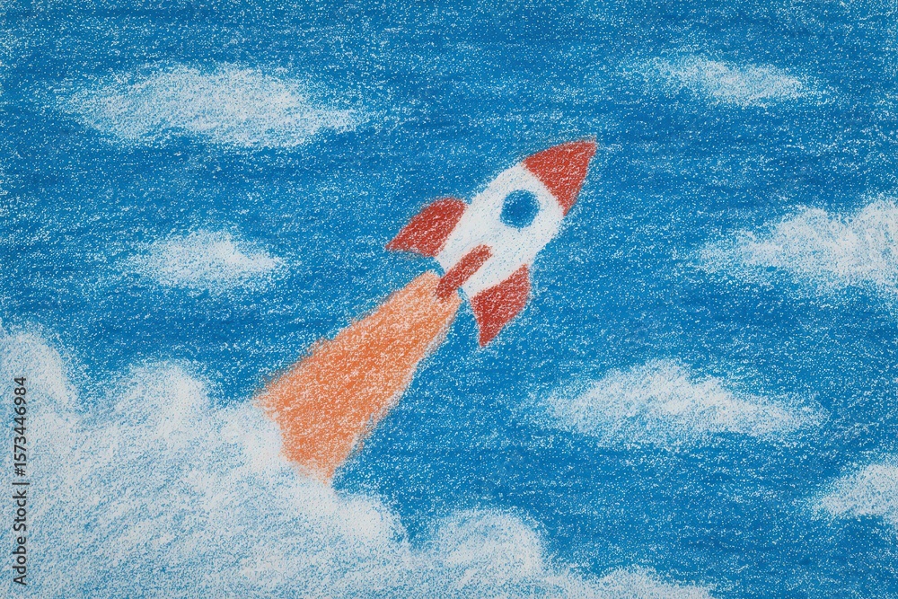 A vibrant rocket ascends into a clear blue sky, leaving behind a trail of orange flames. Soft clouds surround the rocket, highlighting the excitement of liftoff.