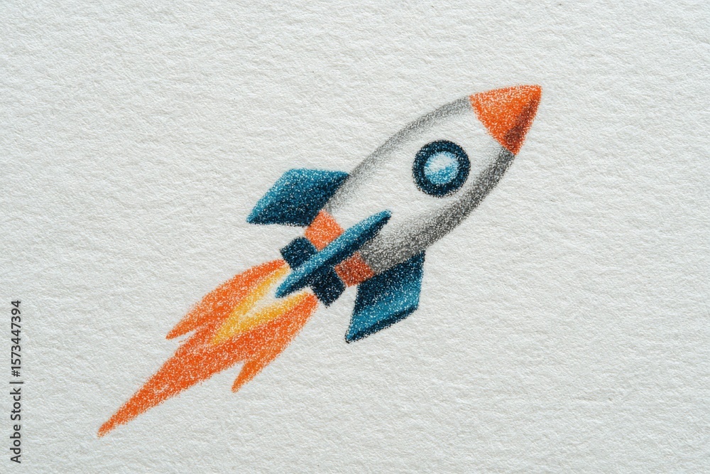 A vibrant rocket illustration is depicted taking off, with bright orange flames trailing behind. The design showcases a sleek shape with blue accents against a textured background.