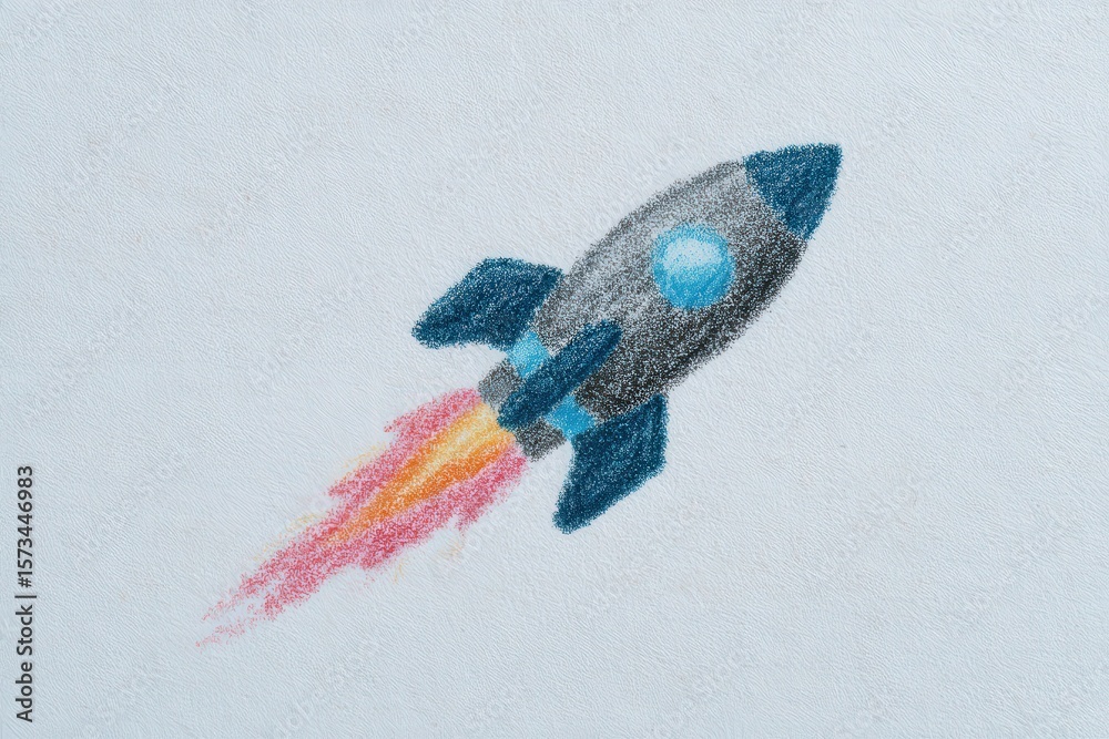 A vibrant rocket is depicted soaring upward with colorful flames erupting from its base, symbolizing an exciting space launch.