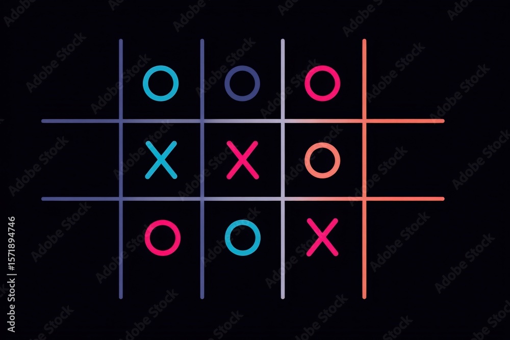 A vibrant tic-tac-toe game board features colorful markings in blue, pink, and purple against a dark background. The board displays various positions of Xs and Os, creating visual interest.