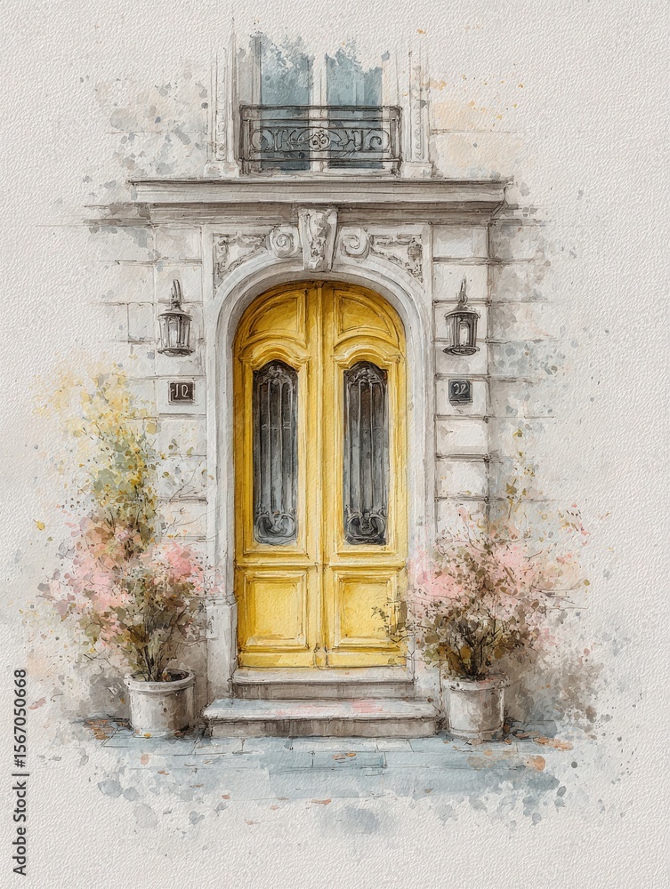 A vibrant yellow door stands gracefully in an elegant gray stone building. Flowering potted plants frame the entrance, enhancing the warm, inviting atmosphere of the sunny day.