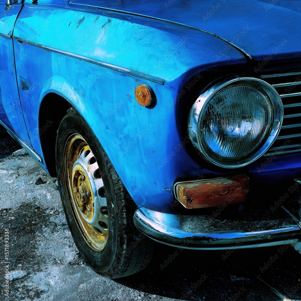 A vintage blue car with a rusty wheel sits on a street, showcasing its well-worn exterior and faded paint. The setting suggests a timeworn charm, hinting at memories of the past.