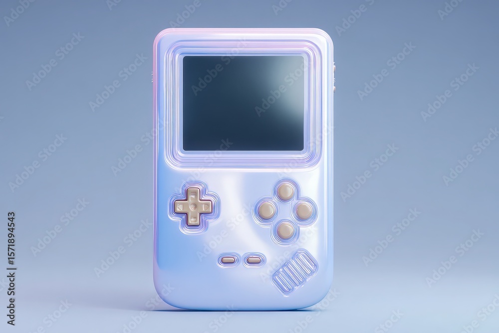A vintage style handheld gaming console featuring a smooth pastel shell. The device has a screen and classic button layout, displayed against a soft blue backdrop, evoking nostalgia.
