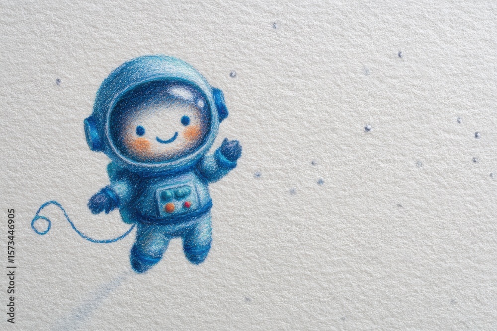 A whimsical astronaut character smiles while floating in the vastness of space. The scene captures a feeling of joy and imagination, with tiny stars scattered around.