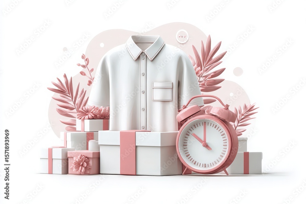 A white shirt is displayed prominently alongside neatly wrapped gifts in pastel colors. An alarm clock adds charm to the arrangement, surrounded by decorative plants.