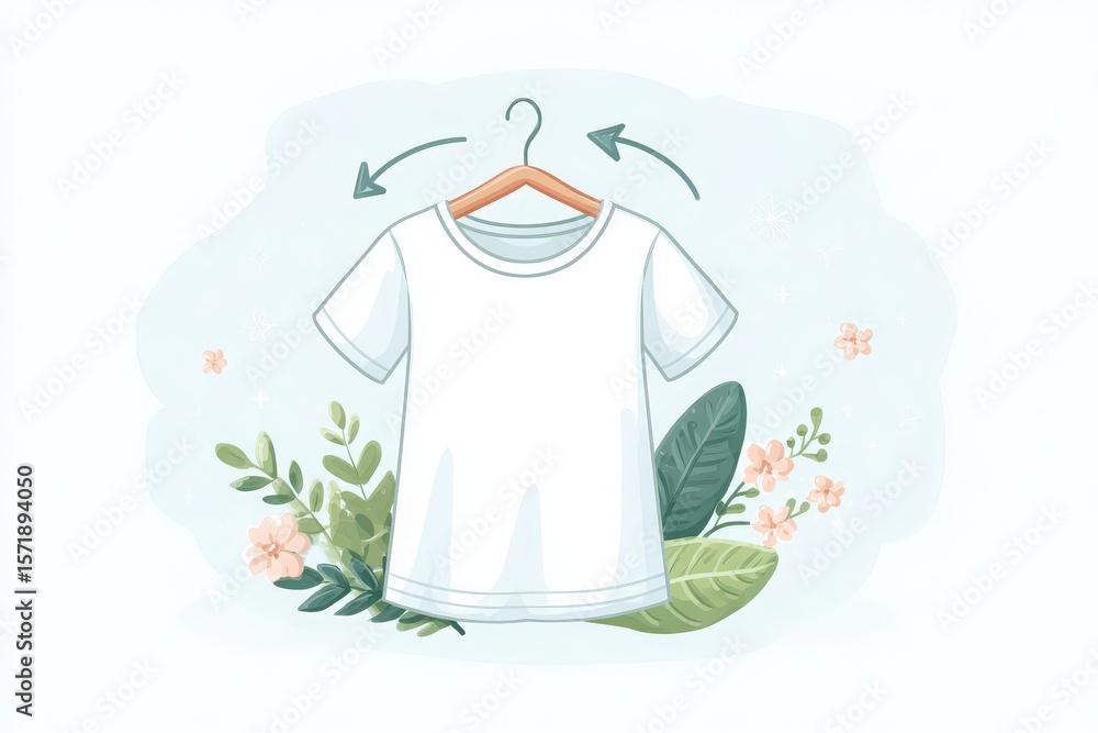 A white t-shirt is displayed on a hanger, surrounded by delicate flowers and lush green leaves. The design emphasizes simplicity and nature, perfect for clothing branding or illustration.