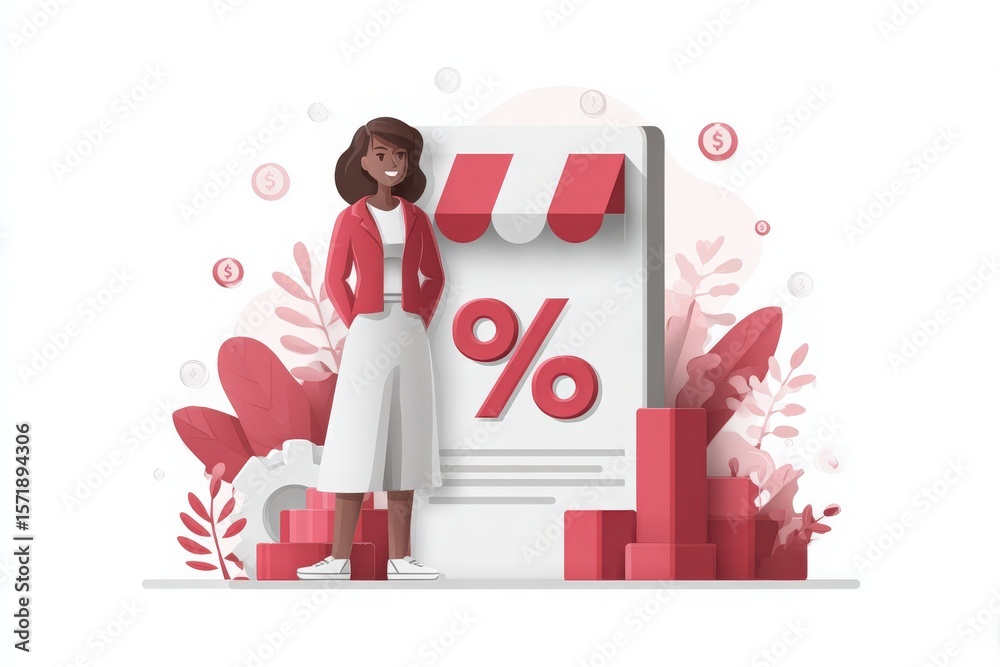 A woman stands confidently next to a large discount symbol in a vibrant environment filled with abstract shapes and symbols of savings. The overall atmosphere is cheerful and inviting.