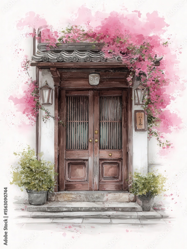 A wooden double door framed by lush greenery and vibrant pink bougainvillea creates an inviting entrance. The detailed artistry captures a serene atmosphere in an exquisite architectural design.