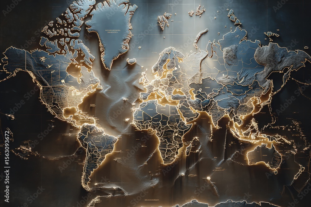 A world map features countries outlined with glowing borders, showcasing an artistic rendition of geography. This visual emphasizes regional boundaries with captivating aesthetics.