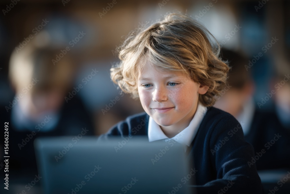 A young boy with curly hair smiles while focused on a laptop screen during an online learning session. Classmates work quietly in the background, creating a collaborative atmosphere.
