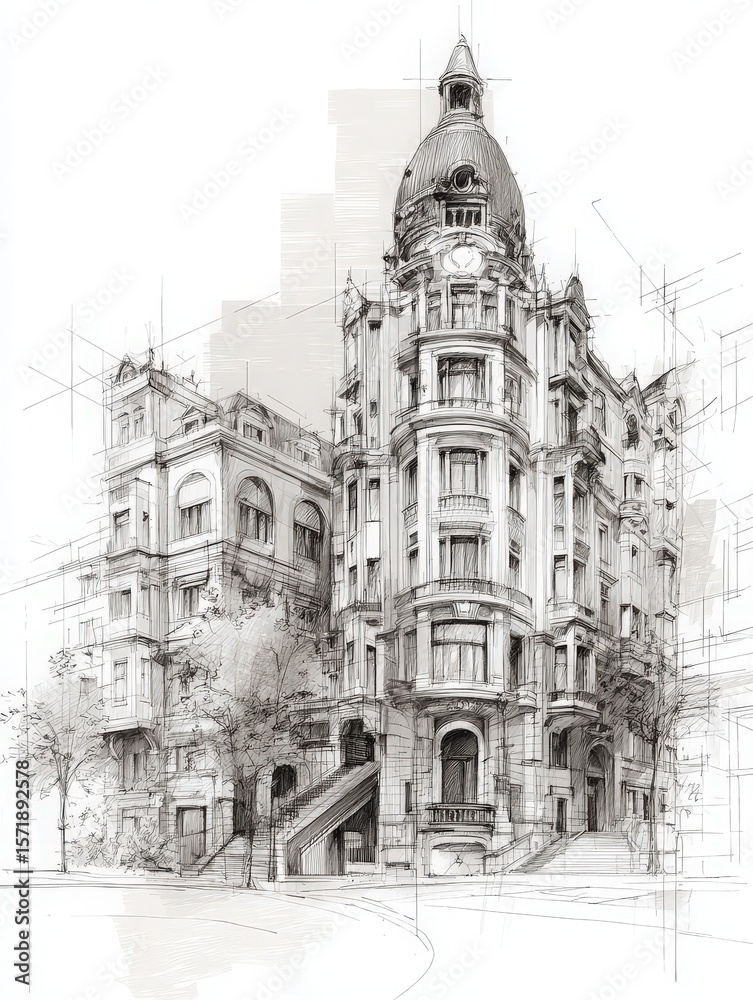 An artistic representation of a historic building showcasing detailed architecture, with a prominent dome and surrounding trees.